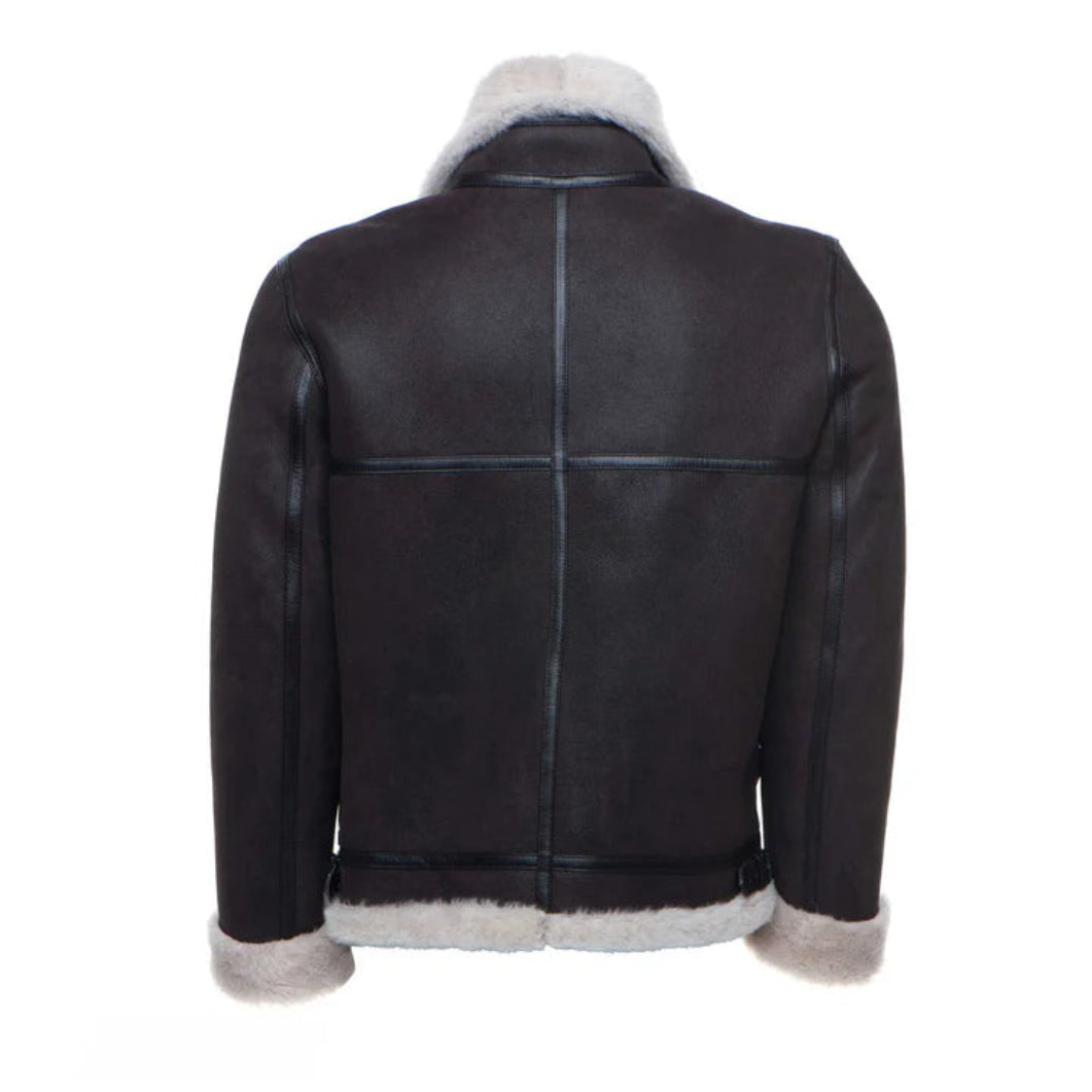 Hampton’s Shearling-Lined Bomber Jacket – Brown Leather with Collar Belt Detail