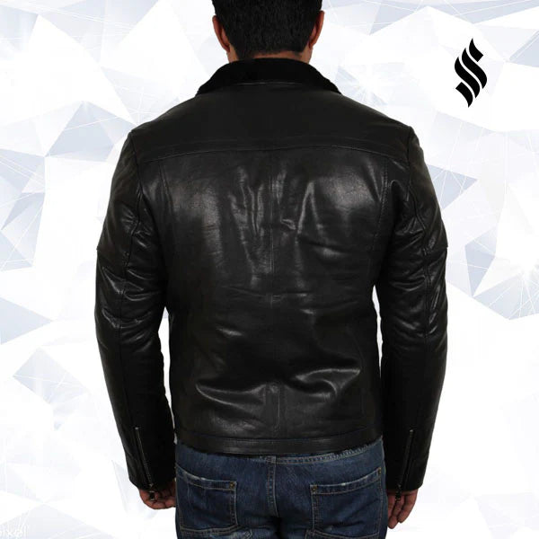 Men’s Real Shearling Leather Jacket – Classic Black Sheepskin Bomber Coat
