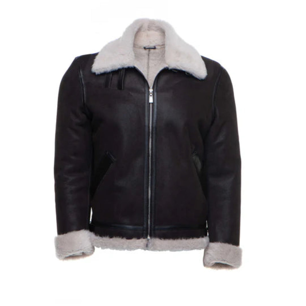Hampton’s Shearling-Lined Bomber Jacket – Brown Leather with Collar Belt Detail