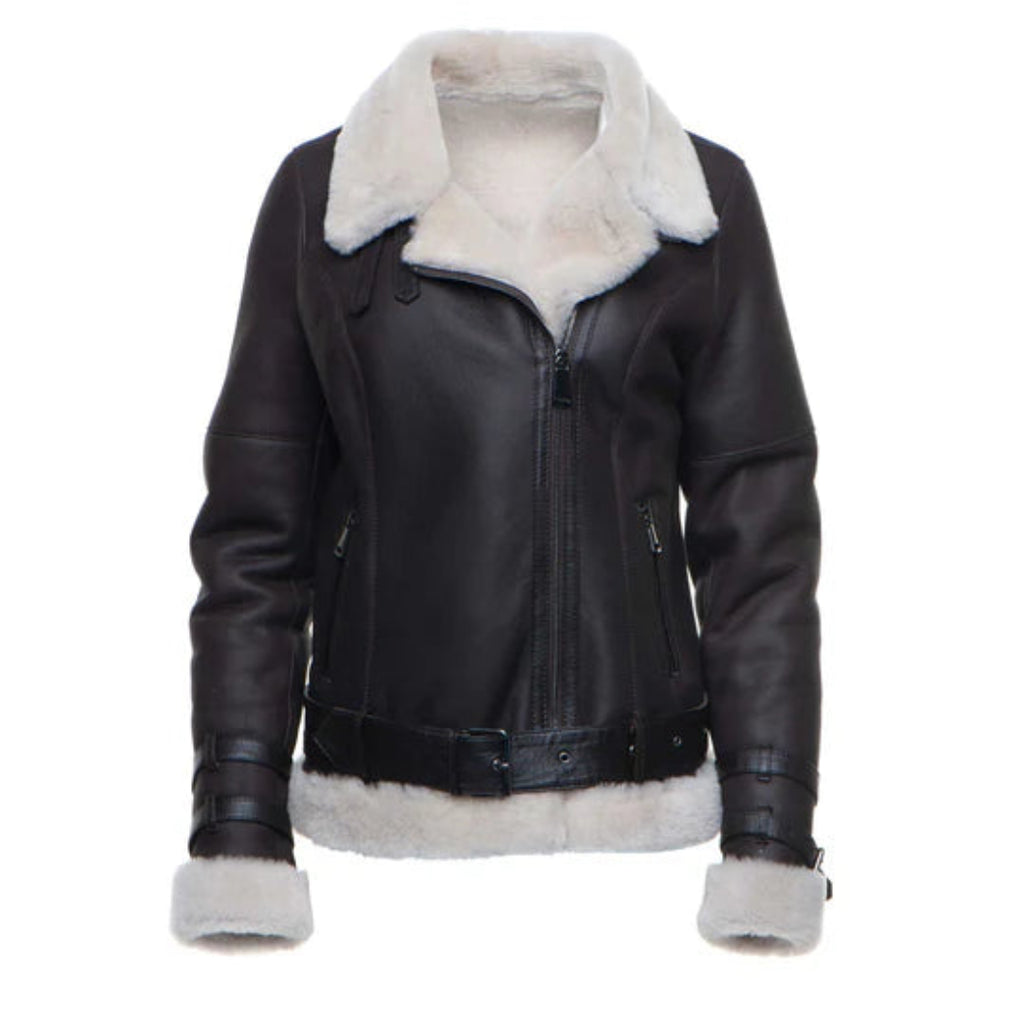 Jayne’s Sheepskin Biker Jacket – Classic Brown Leather with Shearling Lining