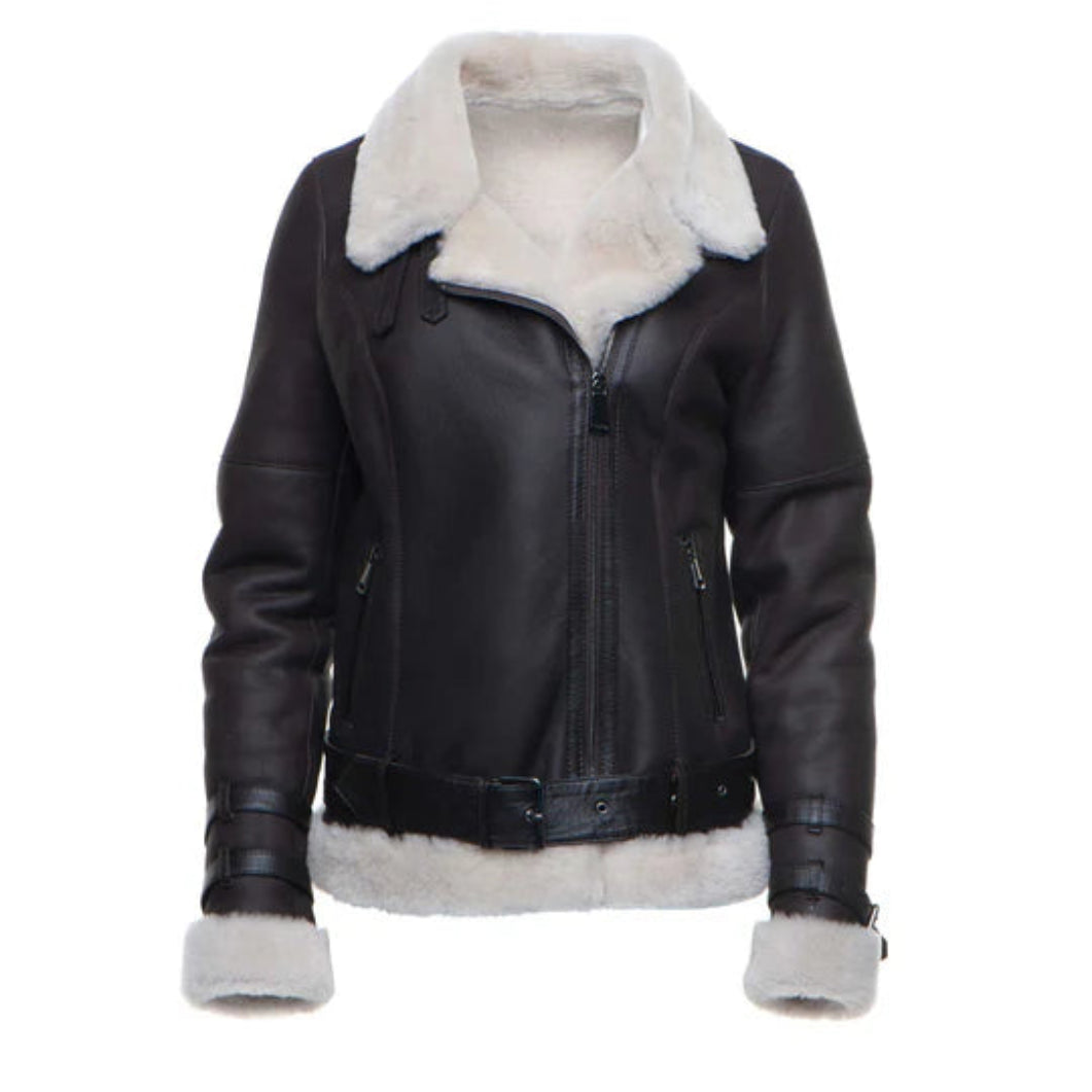 Jayne’s Sheepskin Biker Jacket – Classic Brown Leather with Shearling Lining