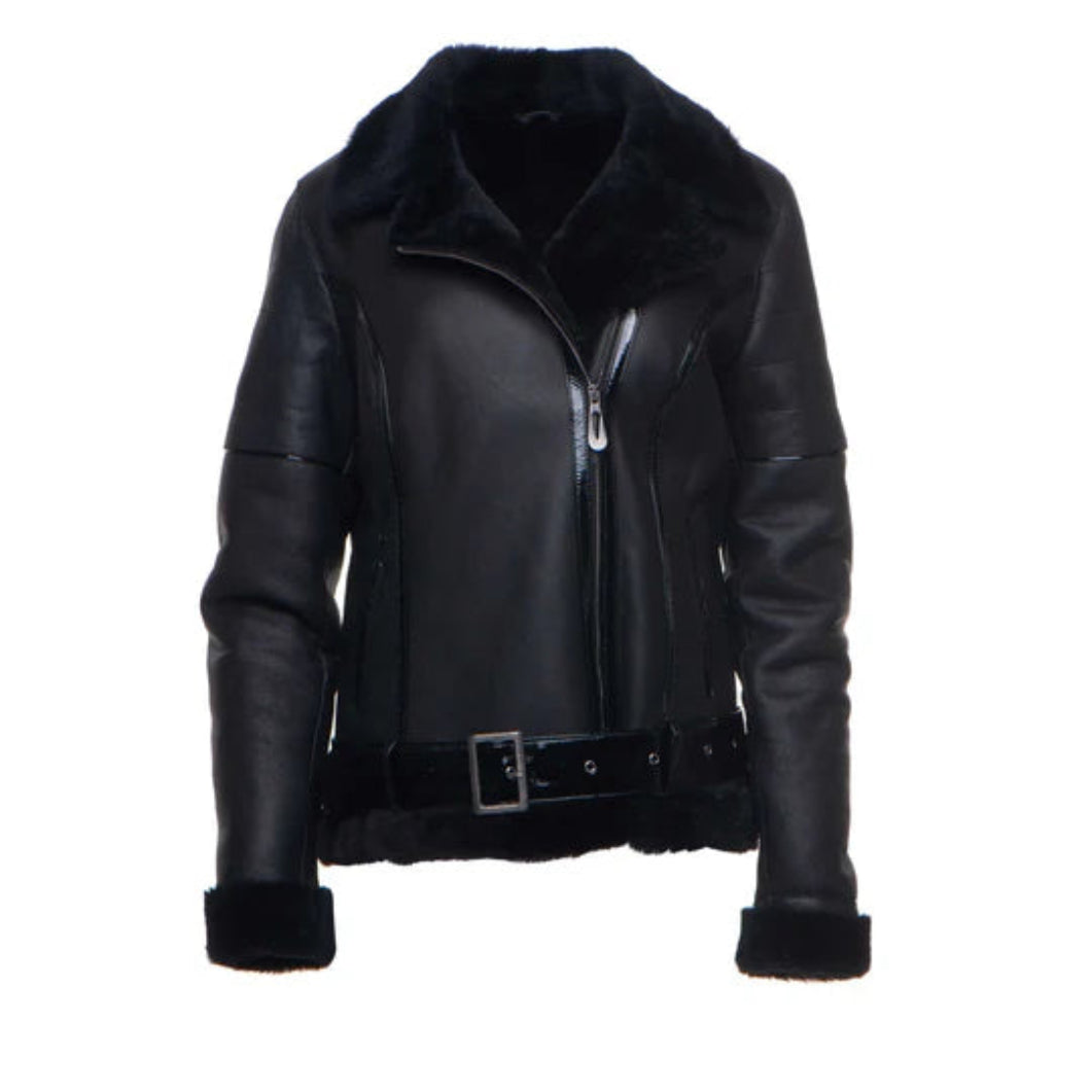 Tasha’s Black Sheepskin Jacket – Shearling-Lined B-3 Bomber Outerwear