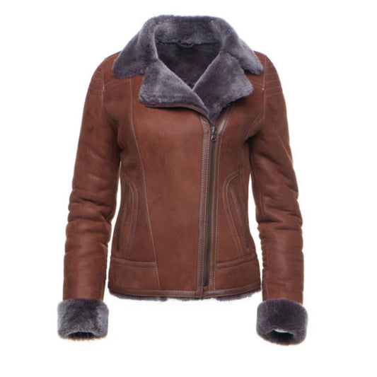 Reyna’s Shearling Aviator Jacket – Tan B-3 Bomber Style for Winter
