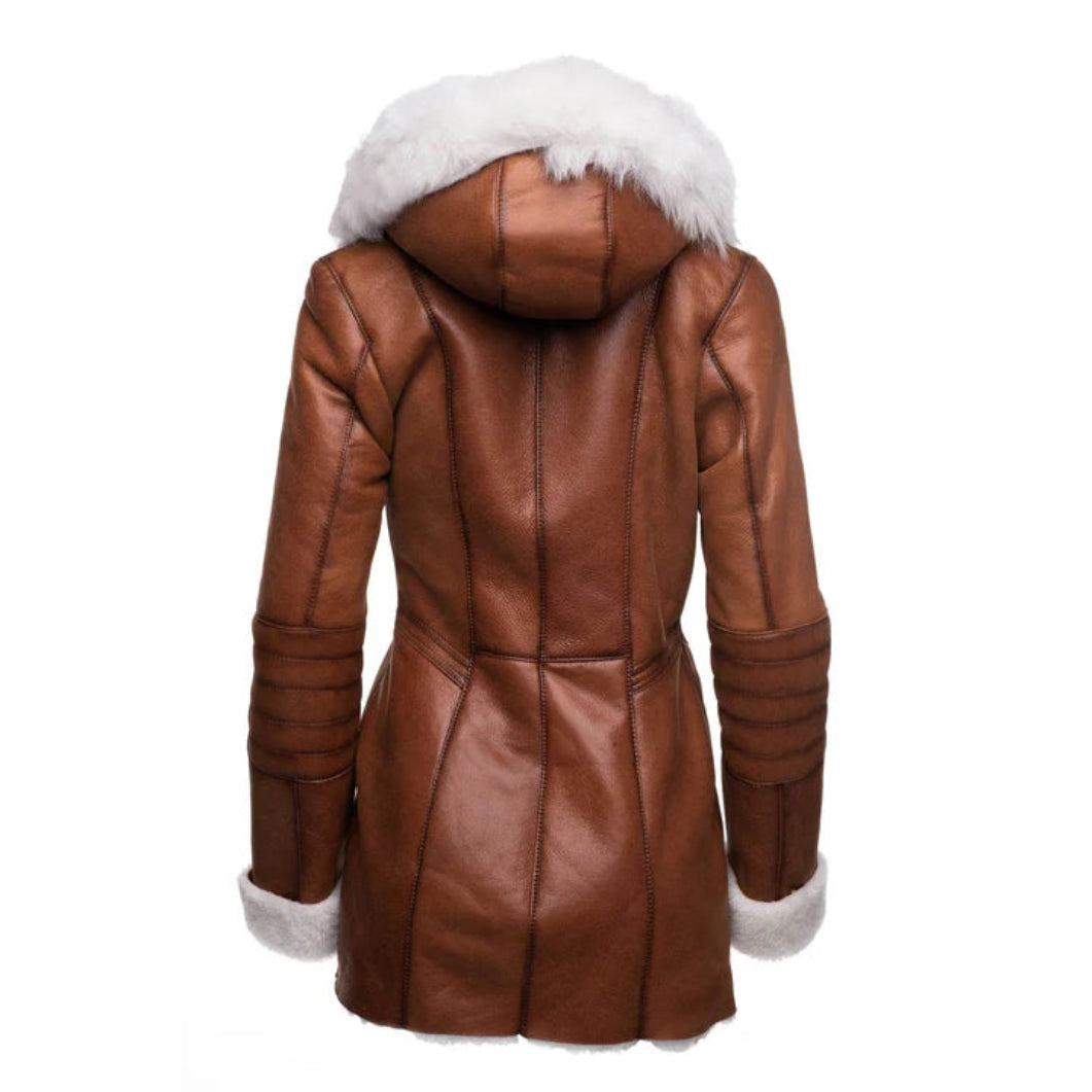 Ayva’s Tan Shearling Coat – Hooded Sheepskin with Fox Fur Trim