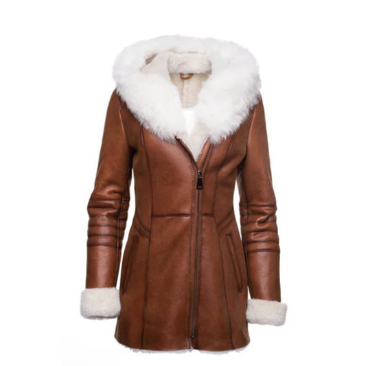 Ayva’s Tan Shearling Coat – Hooded Sheepskin with Fox Fur Trim