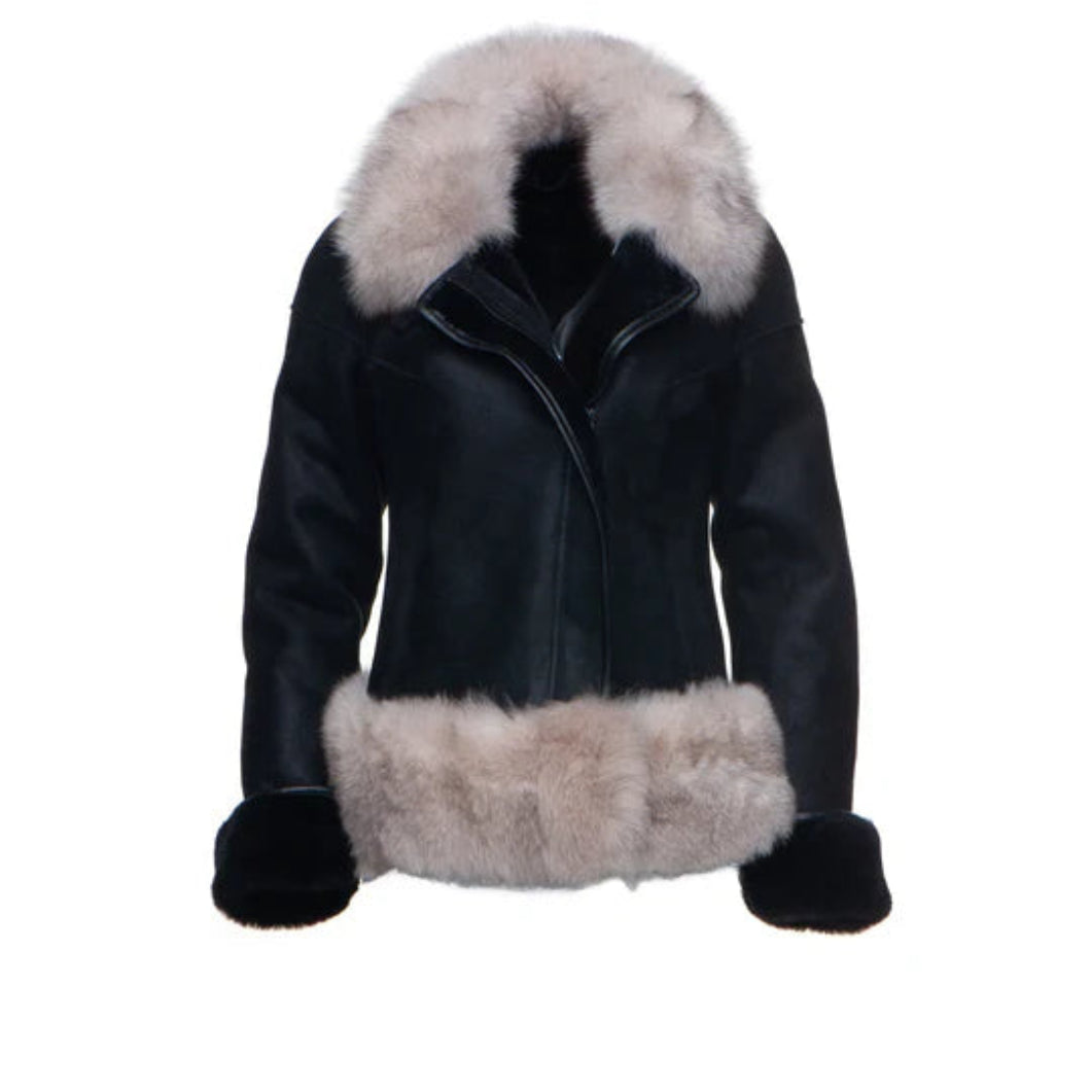 Cecily’s Black Shearling Sheepskin Jacket – Luxury Fox Fur Trimmed Outerwear