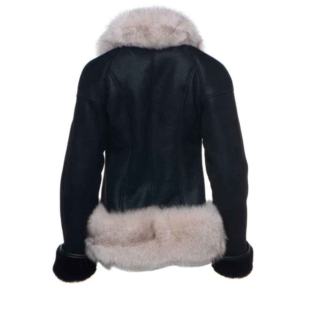 Cecily’s Black Shearling Sheepskin Jacket – Luxury Fox Fur Trimmed Outerwear