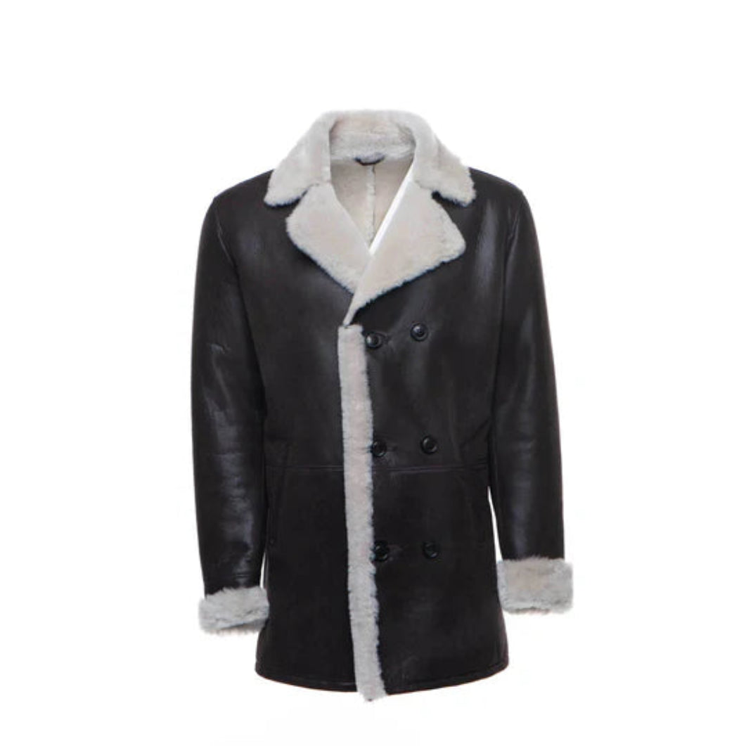 Jozef’s Sheepskin Winter Coat – Brown Buttoned 3/4 Length Shearling Style