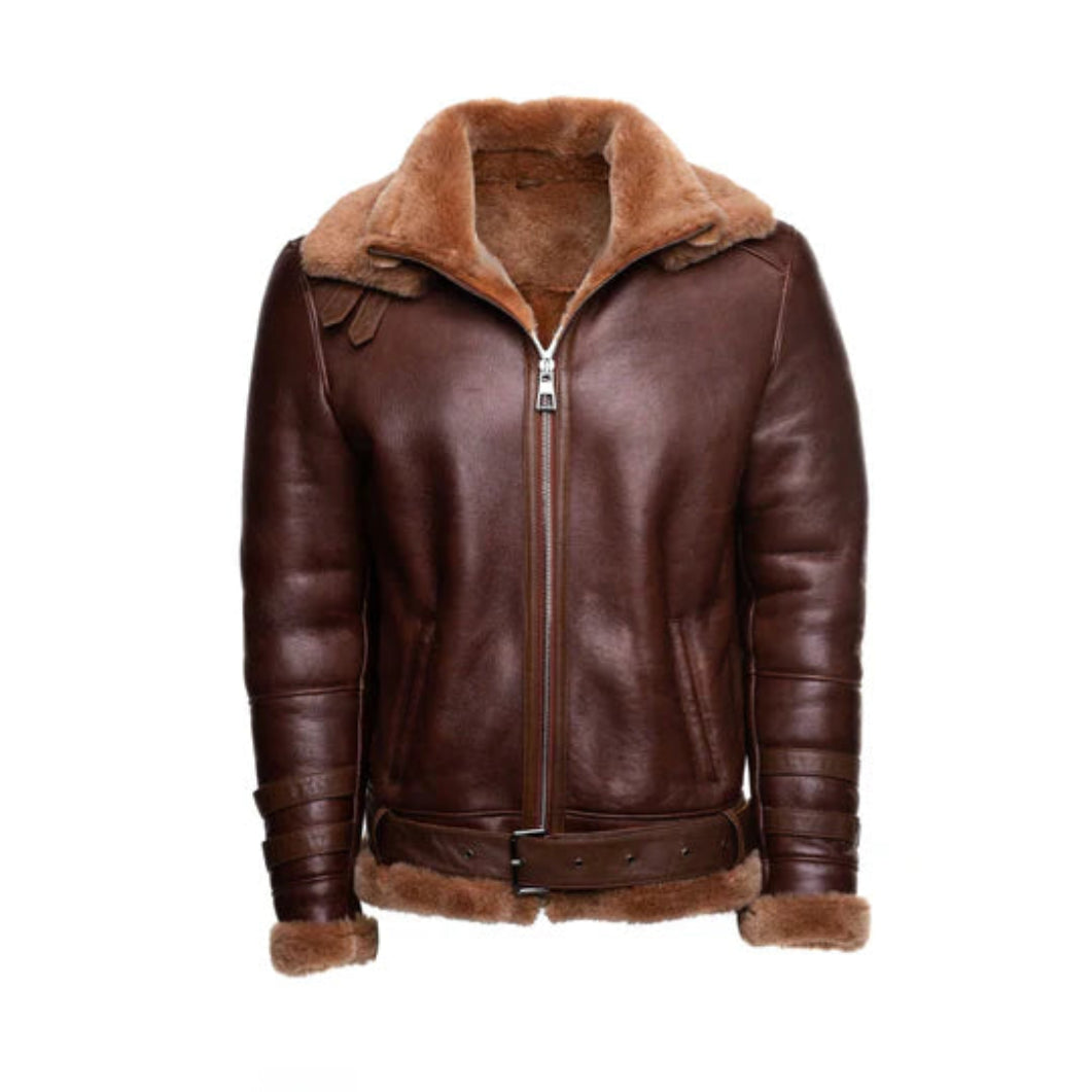 Phan’s Classic Bomber Jacket – Brown Sheepskin Aviator with Waist Belt