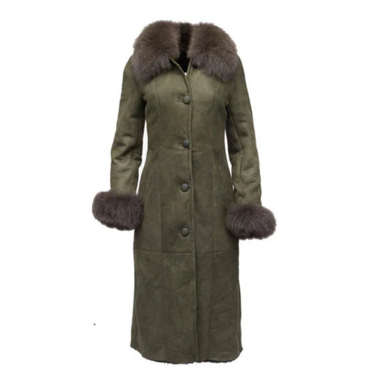 Caitlan’s Shearling Long Coat – Full-Length Sheepskin with Fox Fur Trim