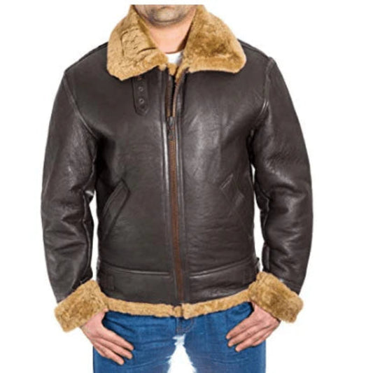 Faux Fur Aviator Jacket for Men – Brown Leather Flight Bomber