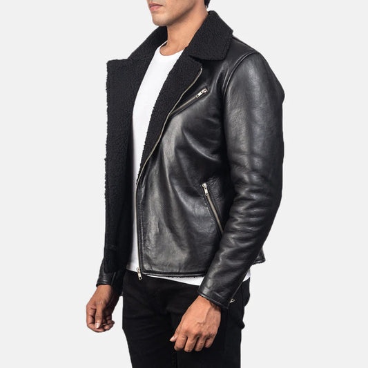 Alberto Black Leather Jacket with Shearling