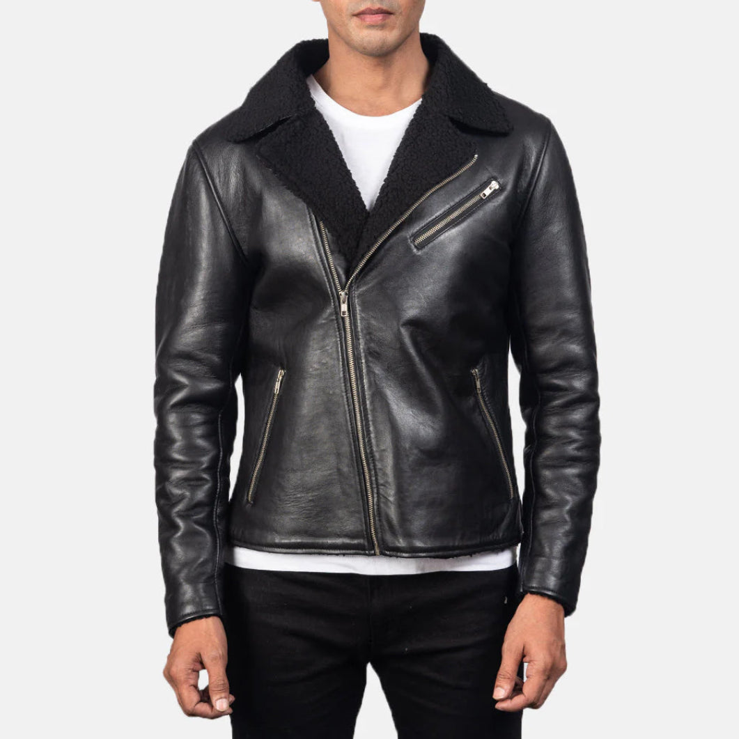 Alberto Black Leather Jacket with Shearling