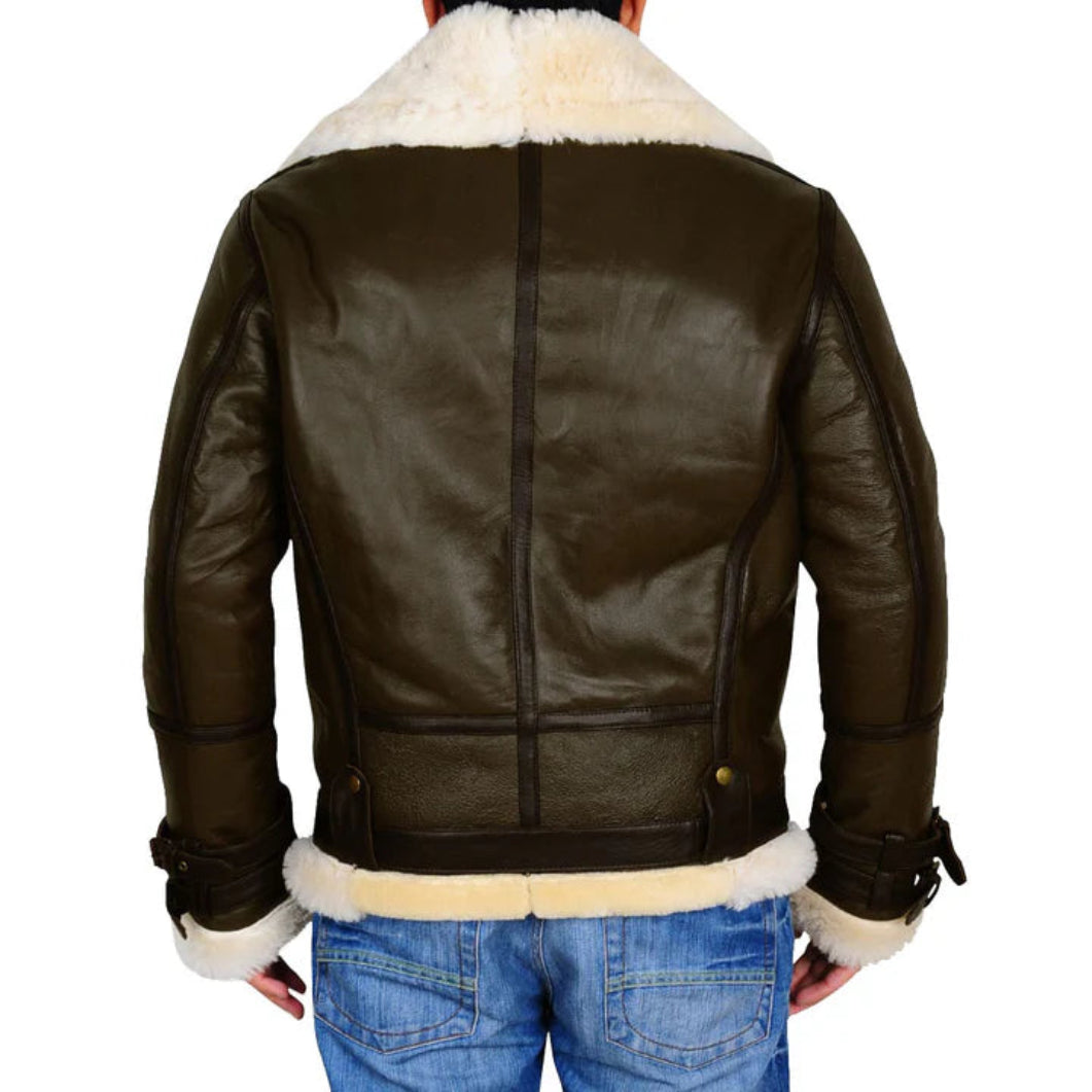 B3 Bomber Jacket – Army Green Sheepskin Leather for Men