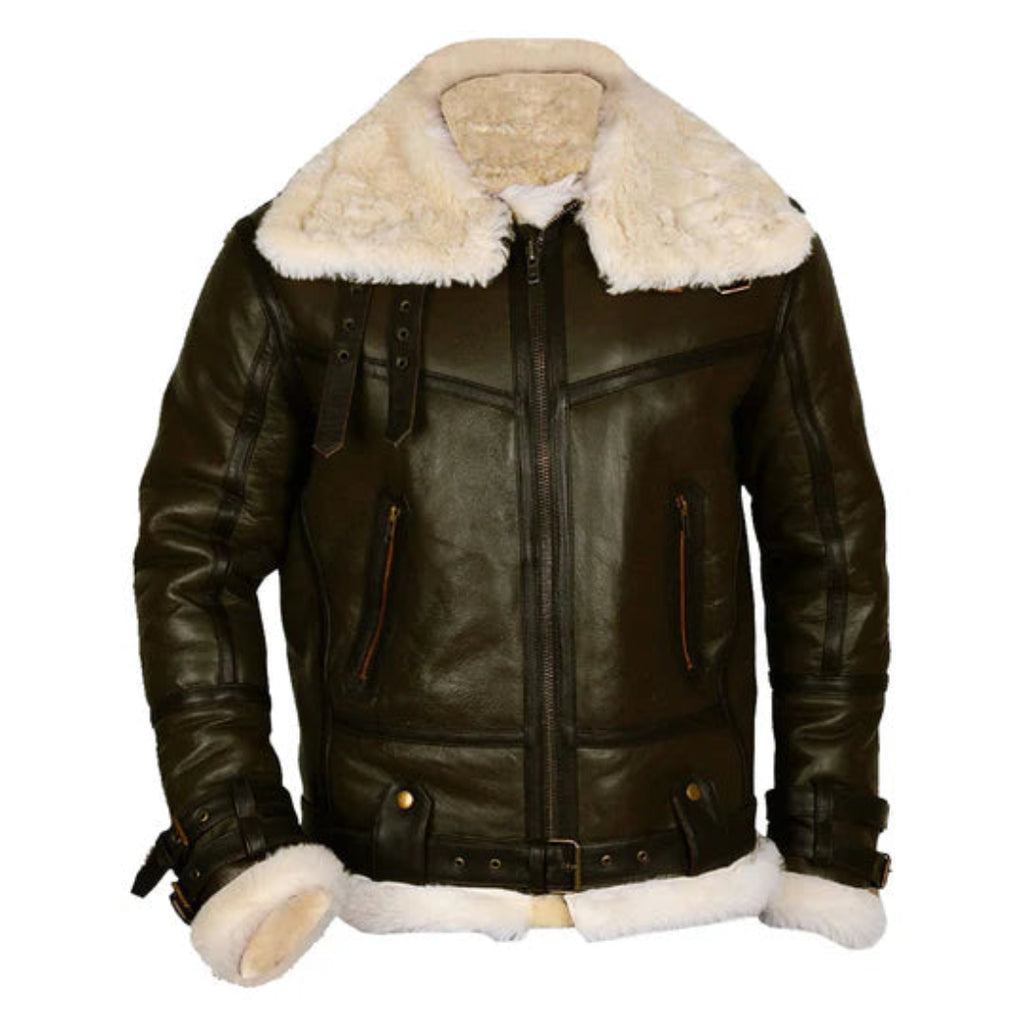 B3 Bomber Jacket – Army Green Sheepskin Leather for Men