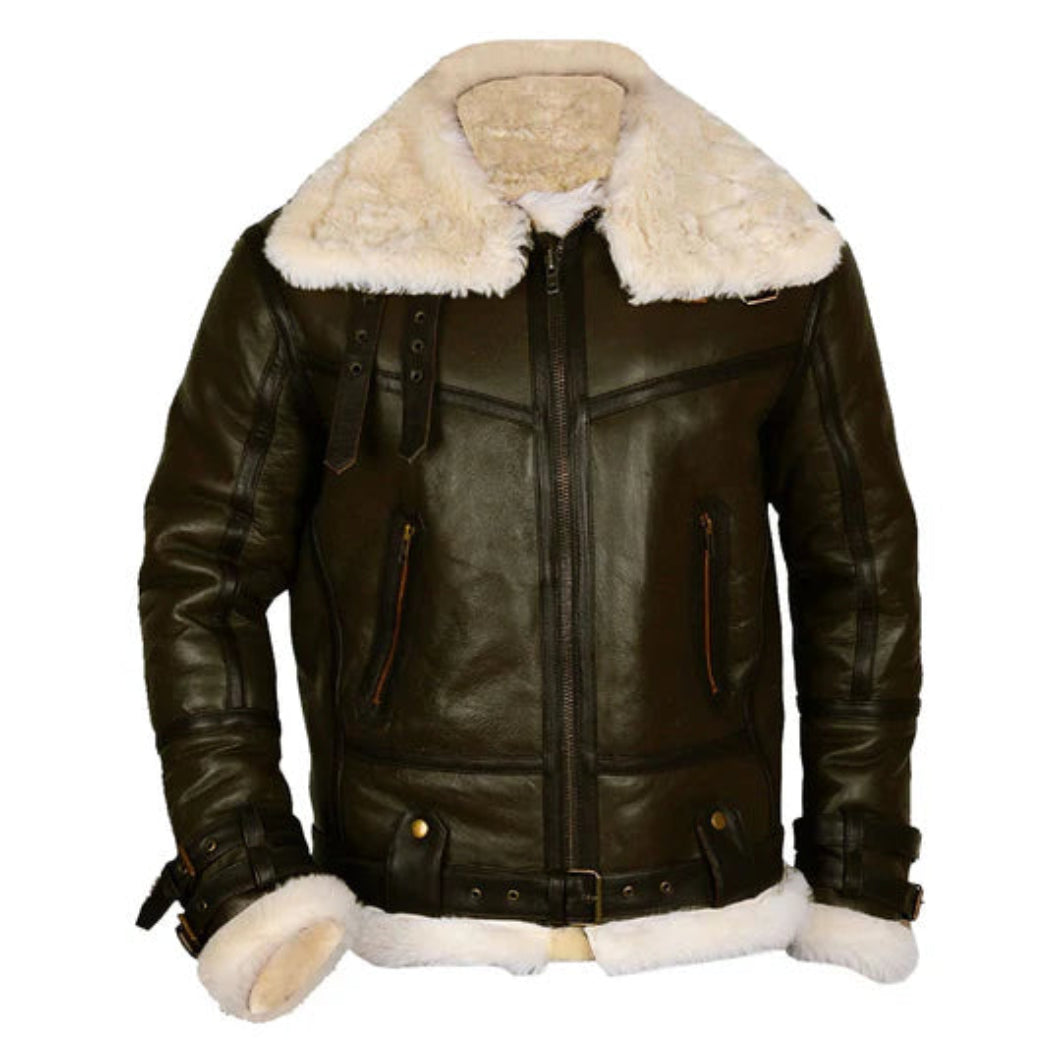 B3 Bomber Jacket – Army Green Sheepskin Leather for Men