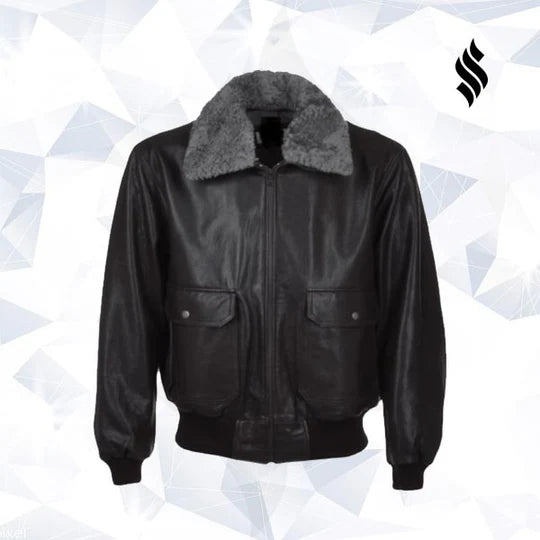 Black Leather Aviator Jacket – Removable Fur Collar Pilot Style