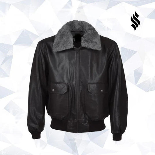 Black Leather Aviator Jacket – Removable Fur Collar Pilot Style
