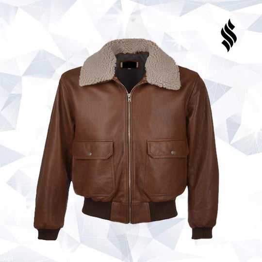 Men’s Brown Aviator Leather Jacket – Fur Collar Bomber Style