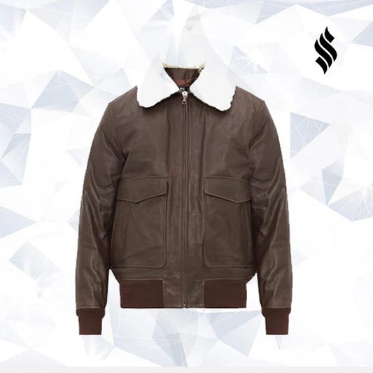 Men’s Aviator Leather Jacket – Removable Fur Collar Bomber Style