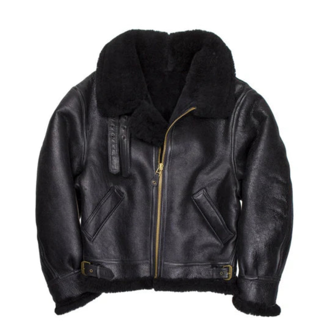 Men’s B3 Black Sheepskin Leather Jacket – Premium Shearling Bomber Style