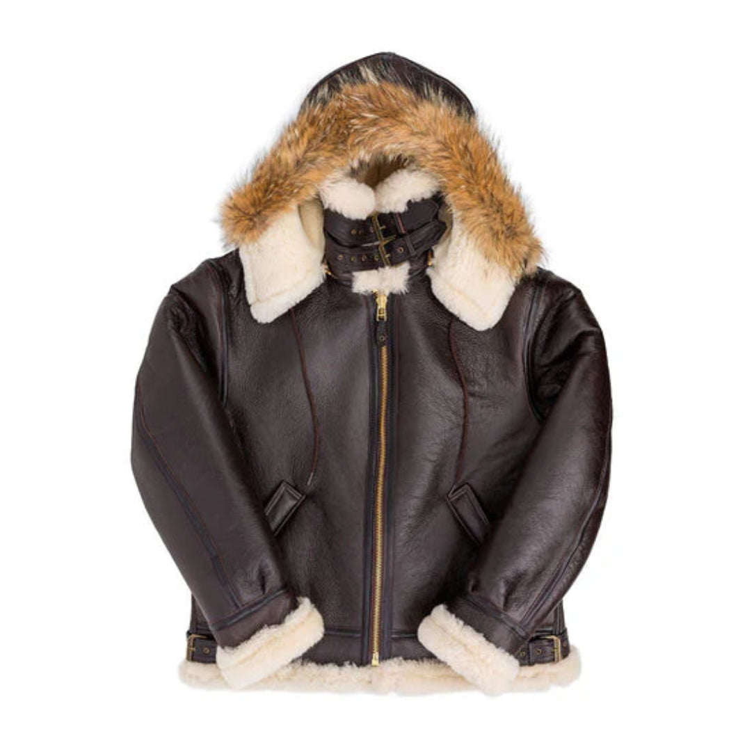 Men’s B-3 Hooded Bomber Jacket – Genuine Sheepskin Leather