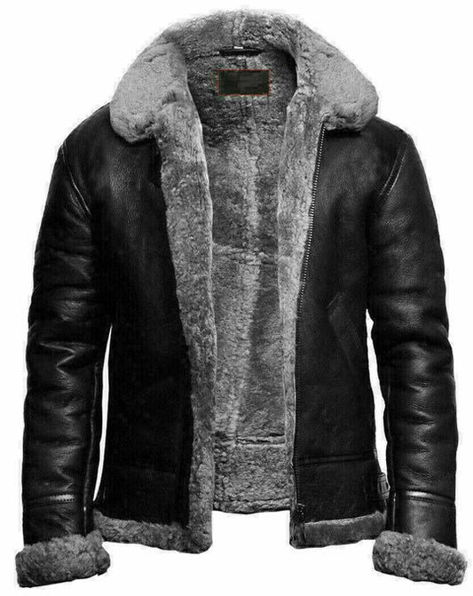 Men’s B3 Bomber Flying RAF Aviator Leather Jacket with Real Fur Collar"