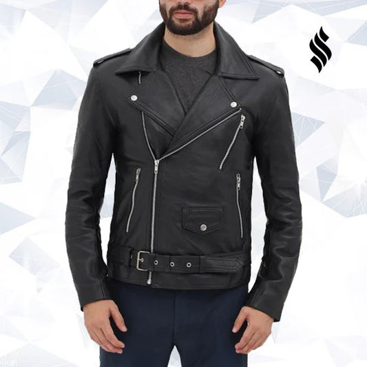 Men’s Belted Motorcycle Jacket – Black Leather Aviator Racing Gear