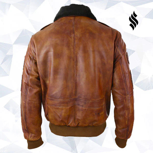 Men’s Aviator Bomber Leather Jacket – Pilot Style with Removable Collar