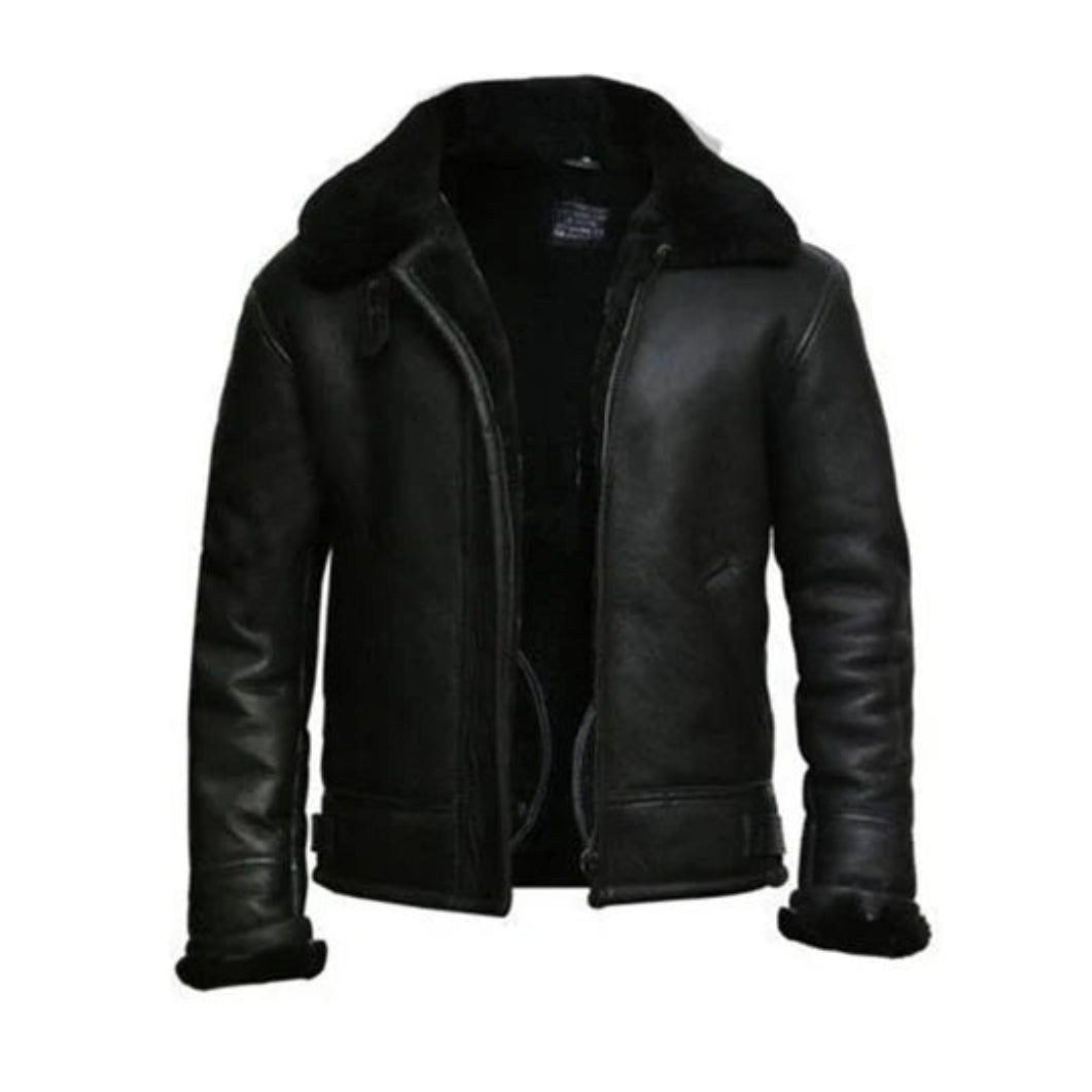 Men’s Black Aviator Leather Jacket – Fur Collar Bomber Style