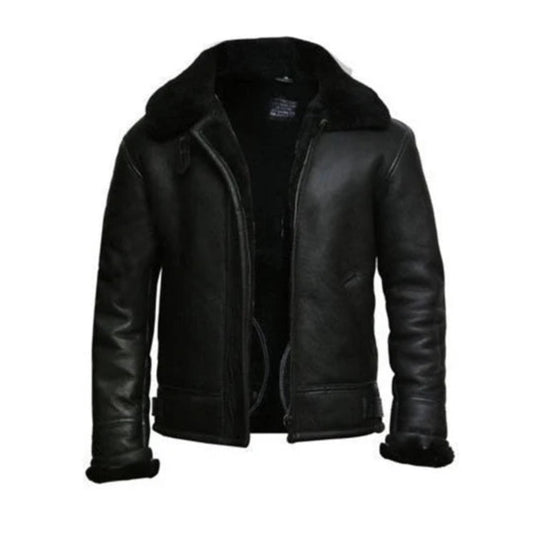 Men’s Black Aviator Leather Jacket – Fur Collar Bomber Style