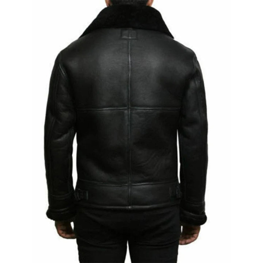 Men’s Black Aviator Leather Jacket – Fur Collar Bomber Style