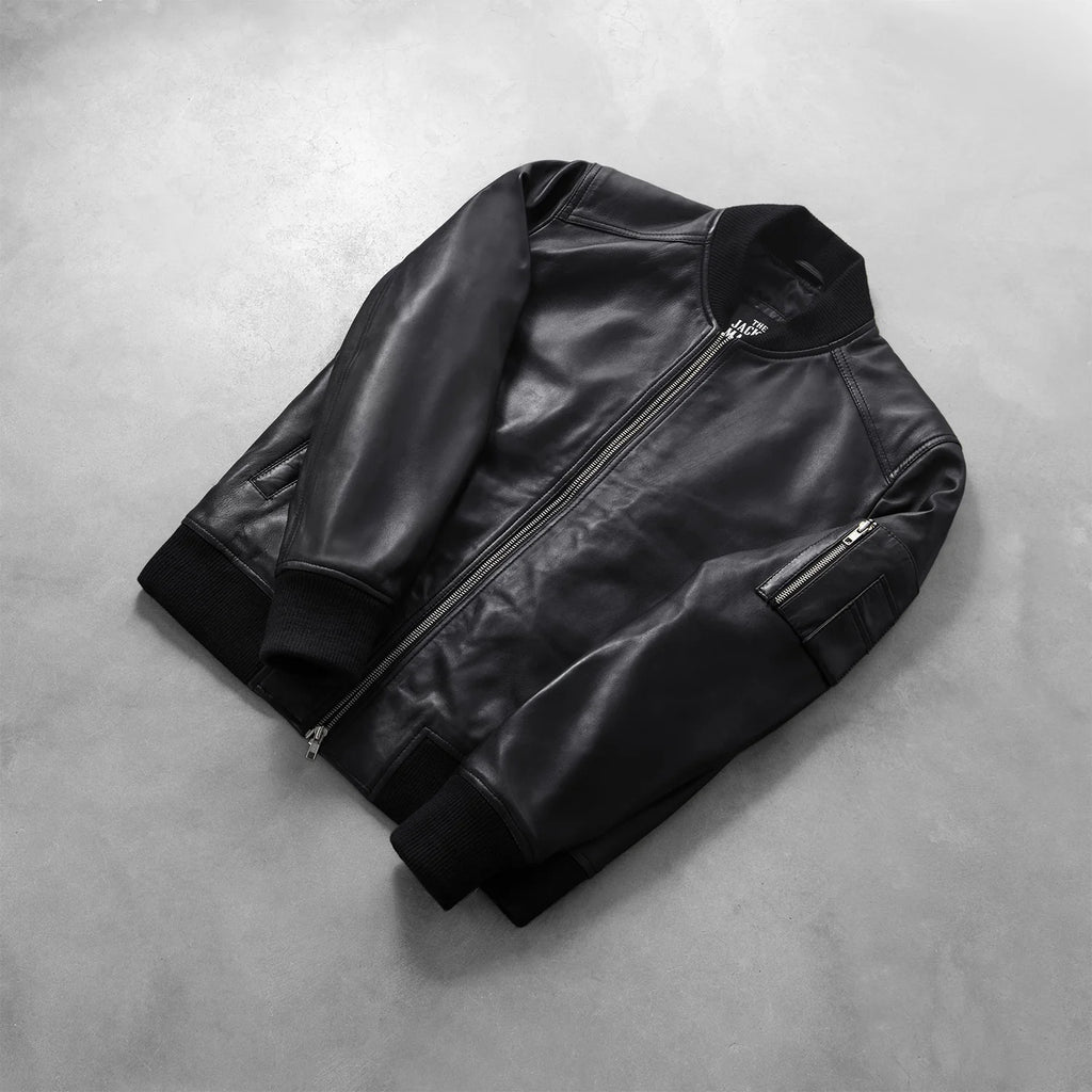 Bomia MA-1 Men's Black Leather Bomber Jacket – Classic Military Style Outerwear