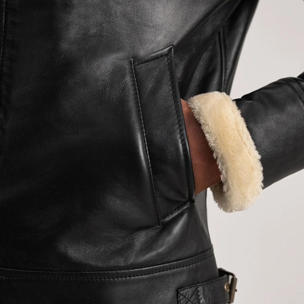 Black Shearling Leather Bomber Jacket  Stylish Men’s Outerwear