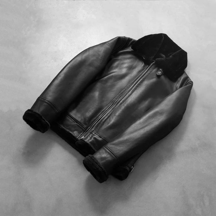 Classic B-3 Bomber Jacket for Men – Black Sheepskin Leather & Fur Collar