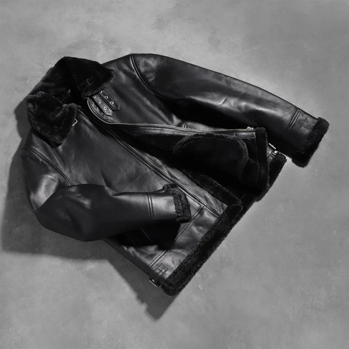 Classic B-3 Bomber Jacket for Men – Black Sheepskin Leather & Fur Collar