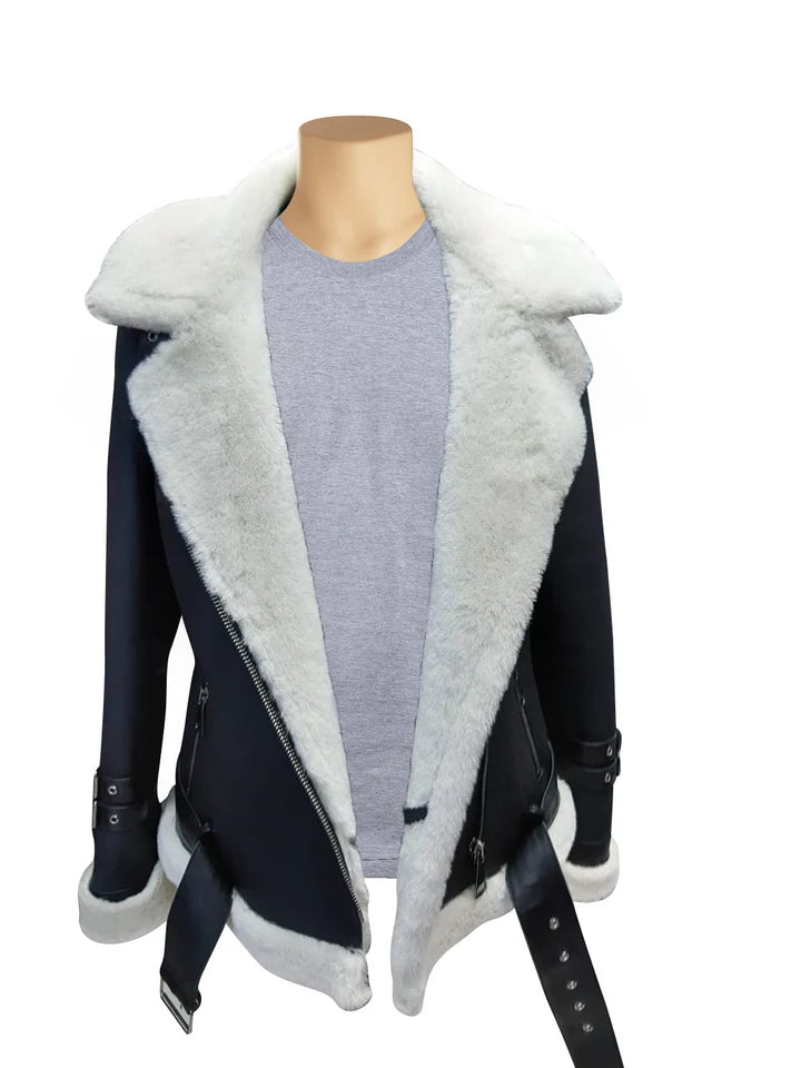 Jayne’s Black and White Sheepskin Biker Jacket – Premium Shearling Leather Style