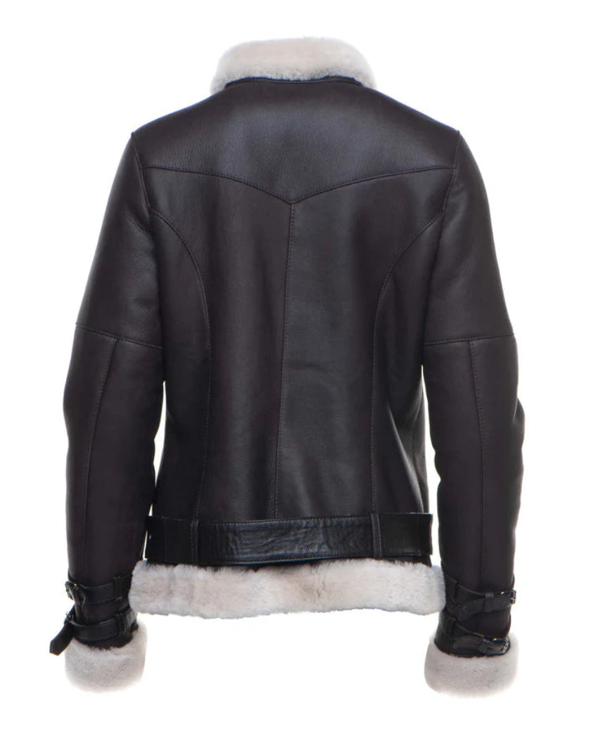 Jayne’s Sheepskin Biker Jacket – Classic Brown Leather with Shearling Lining