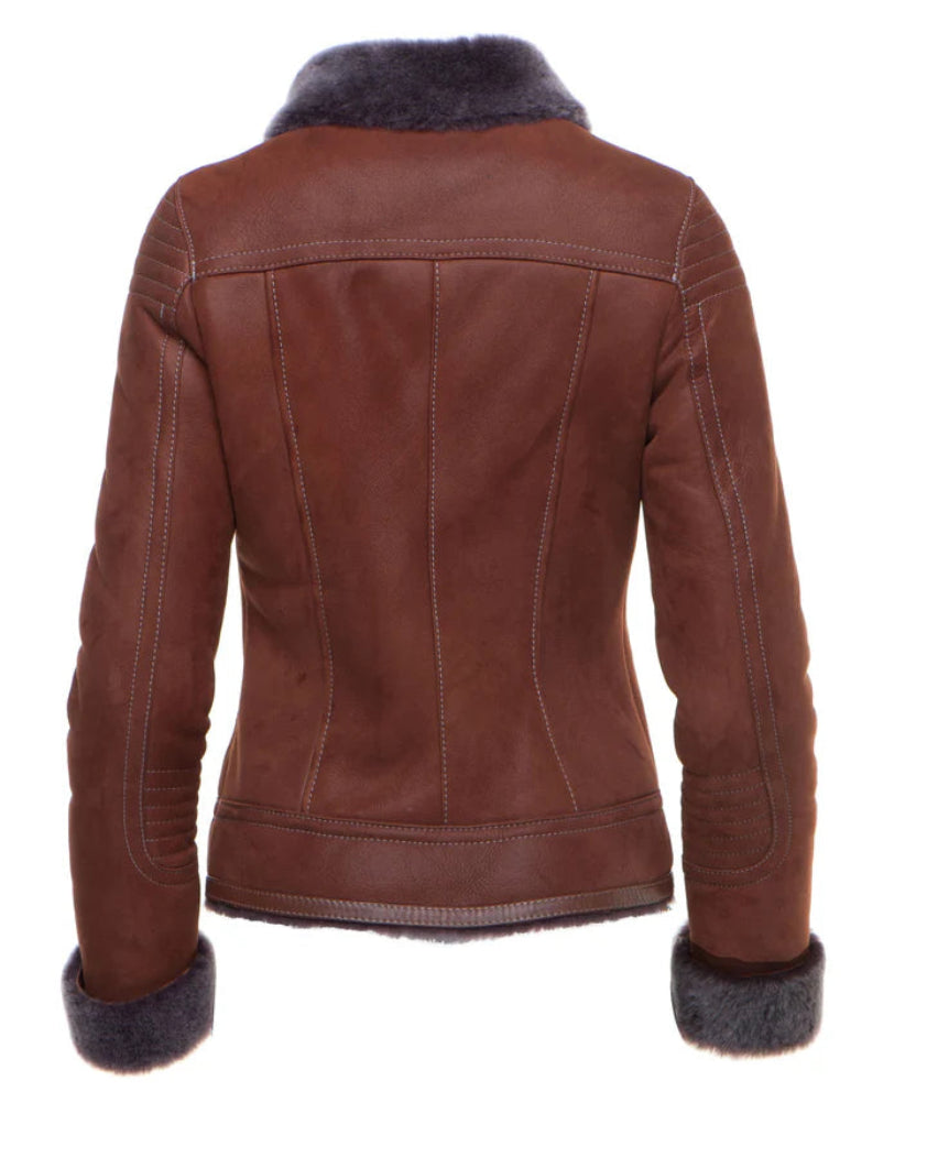 Reyna’s Shearling Aviator Jacket – Tan B-3 Bomber Style for Winter