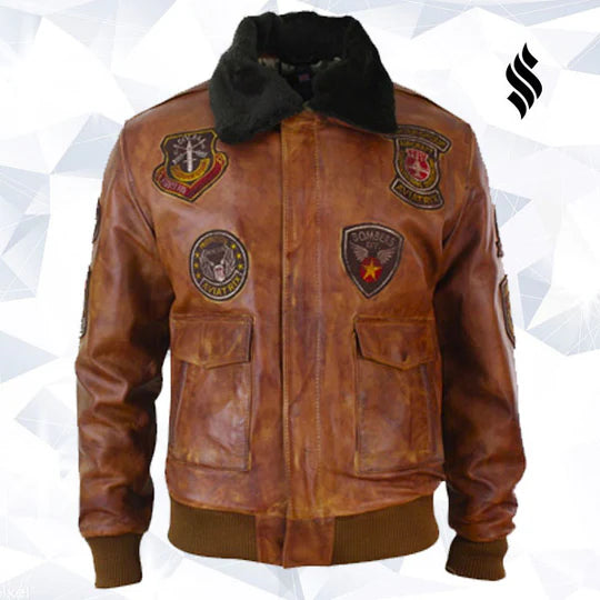 Men’s Aviator Bomber Leather Jacket – Pilot Style with Removable Collar
