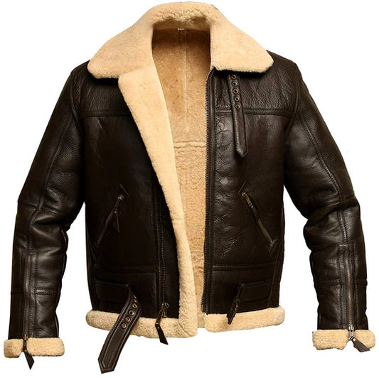 Men’s Brown B3 RAF Aviator Bomber Shearling Sheepskin Leather Jacket"