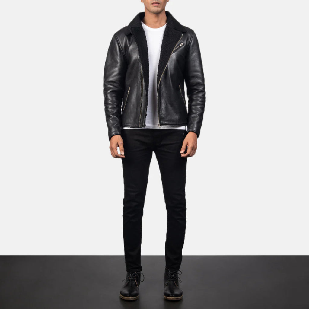 Alberto Black Leather Jacket with Shearling