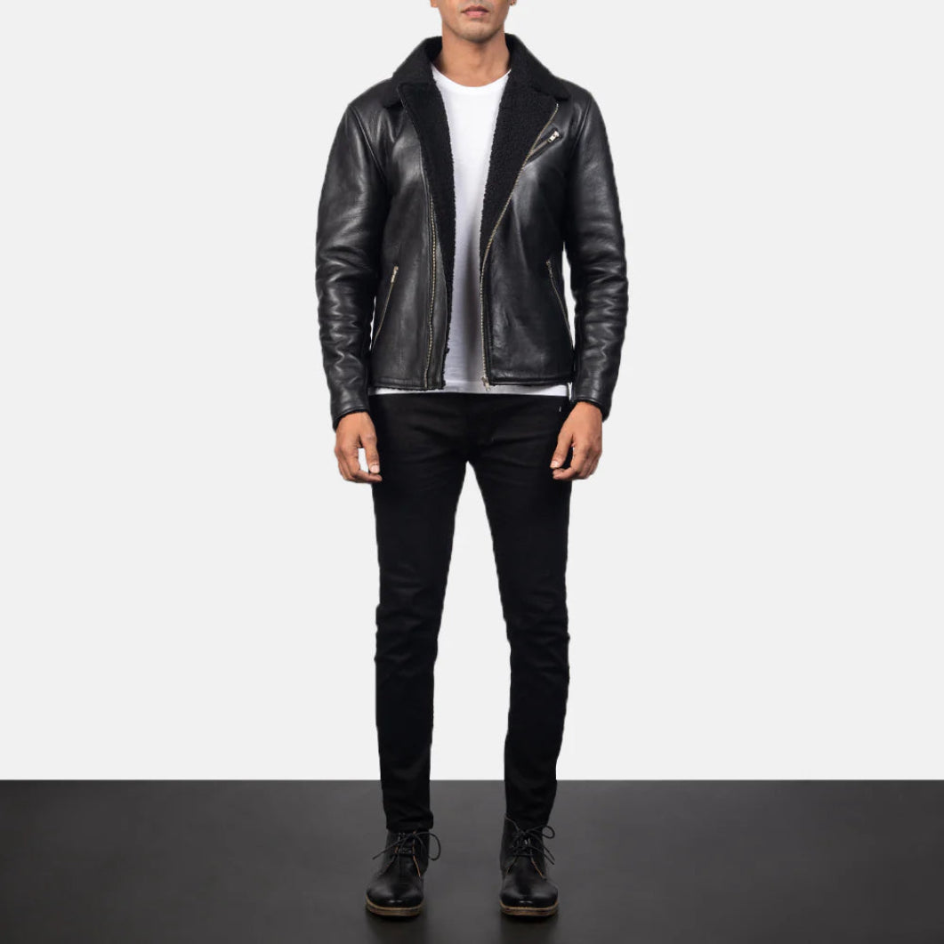 Alberto Black Leather Jacket with Shearling