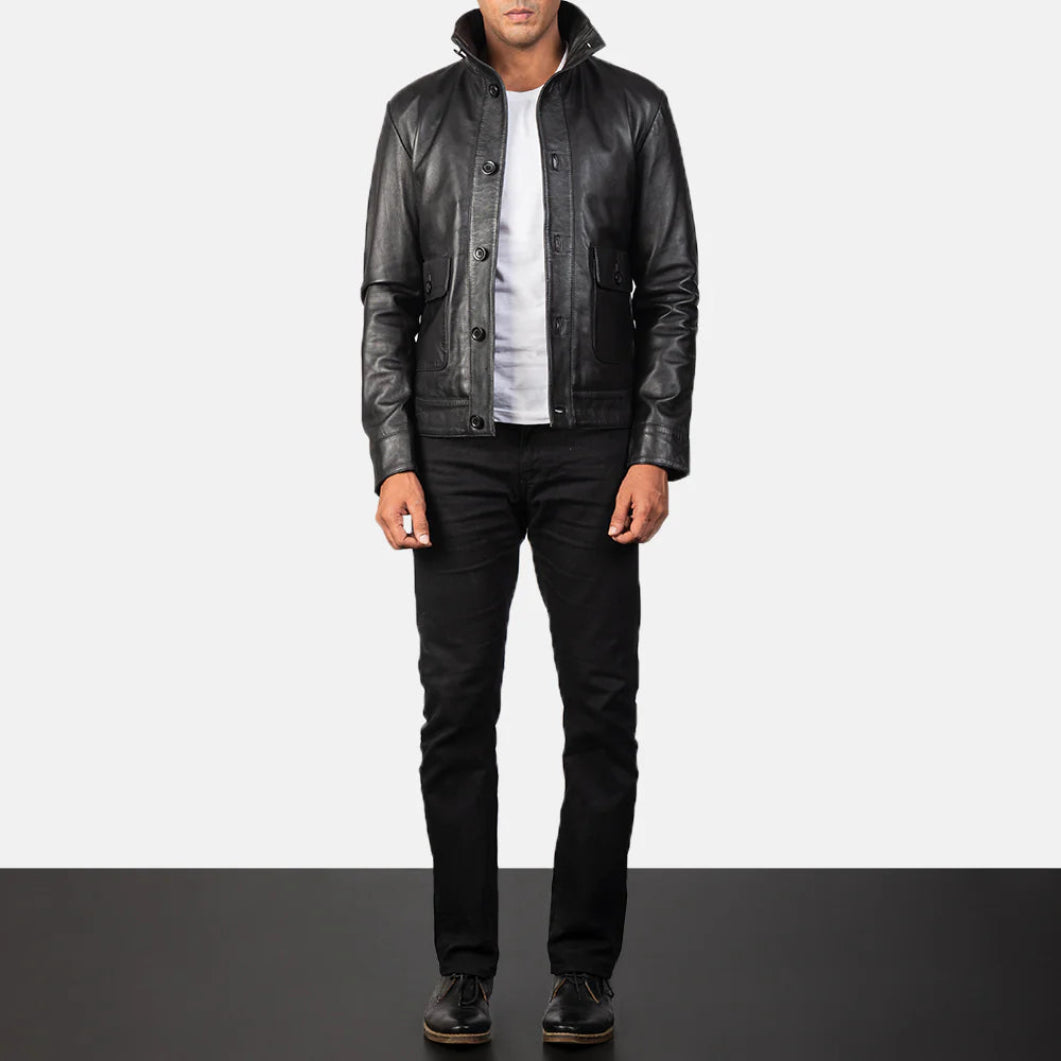 Columbus Real Leather Bomber Jacket for Men – Sleek Black Outerwear