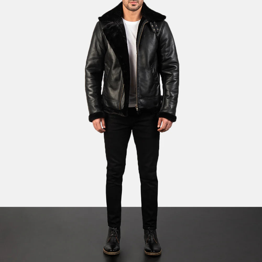 Classic B-3 Bomber Jacket for Men – Black Sheepskin Leather & Fur Collar