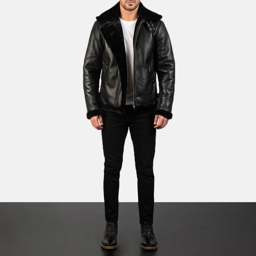Francis B-3 Black Sheepskin Leather Bomber Jacket – Faux Shearling Lined