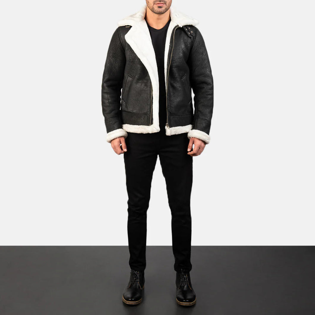 Francis B-3 Distressed Black Leather Bomber – Classic Shearling Flight Jacket
