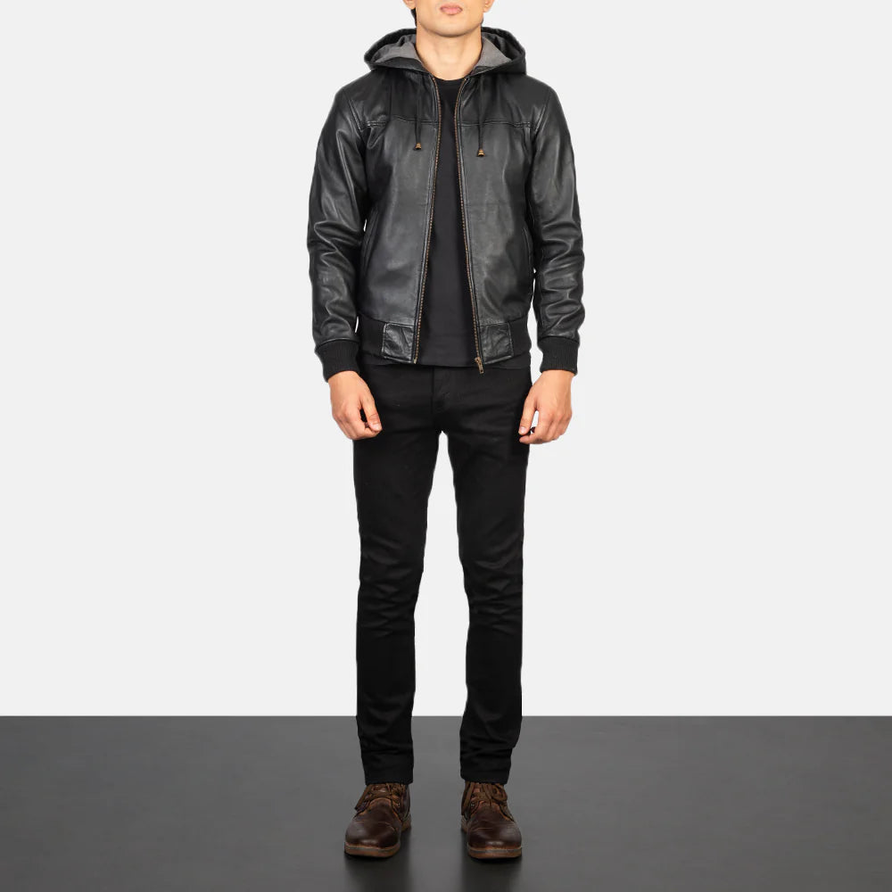 Men’s Nintenzo Black Leather Bomber Jacket with Hood – Casual Streetwear