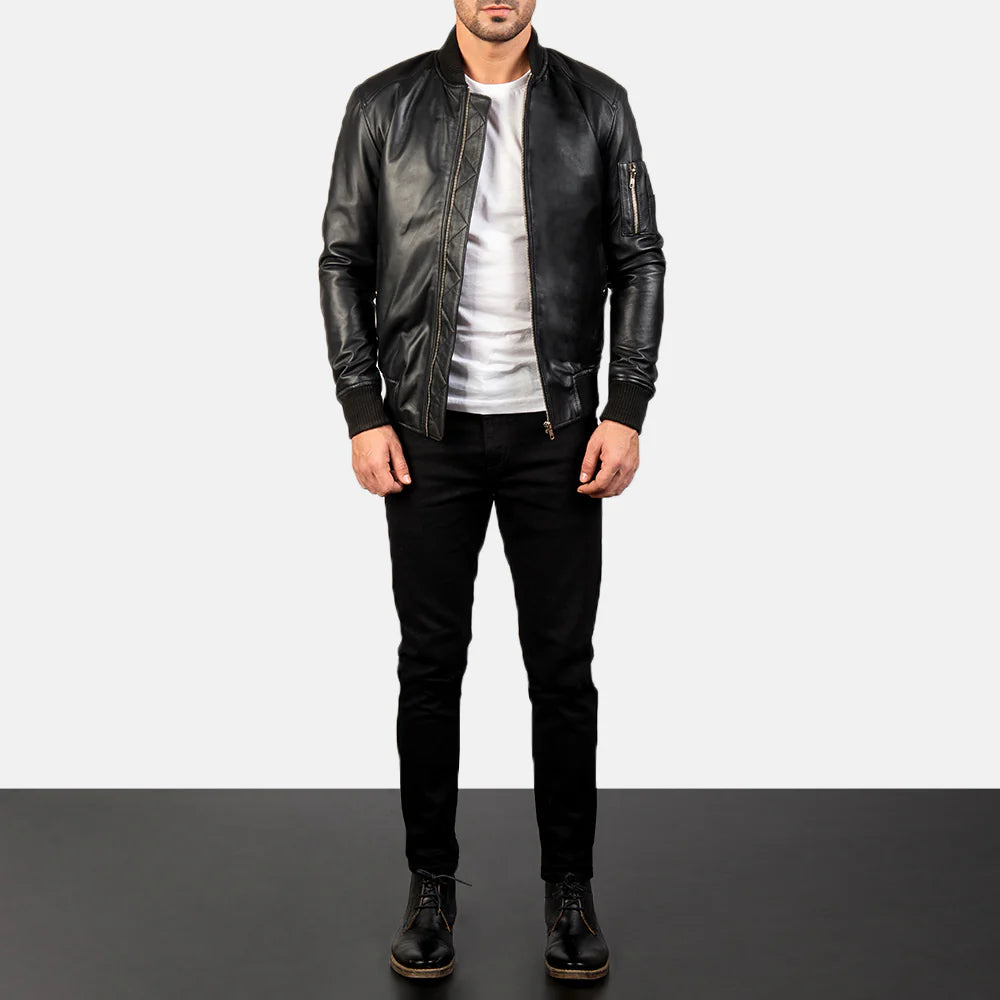 Bomia MA-1 Men's Black Leather Bomber Jacket – Classic Military Style Outerwear