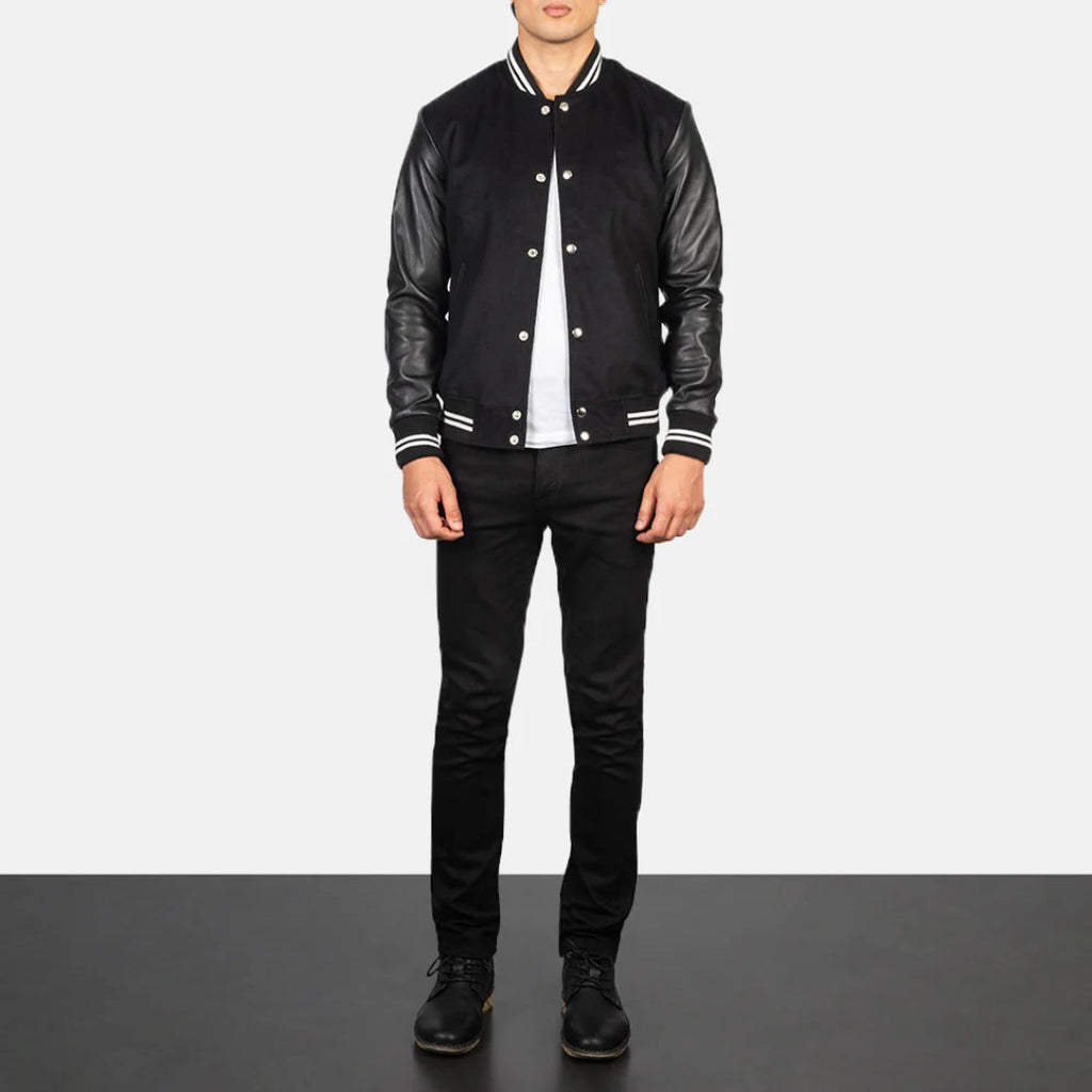 Vaxton Black Varsity Jacket with Stripes – Premium Hybrid Design